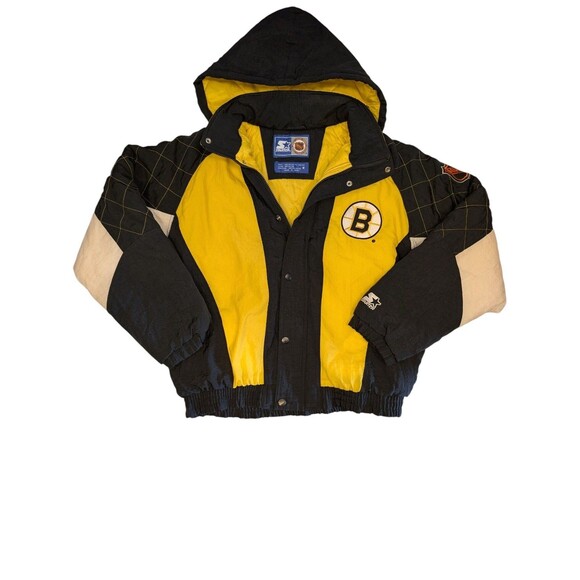Vintage 90's NHL Boston Bruins Yellow Starter Hooded Parka Puffer Jacket Size M - Picture 1 of 7